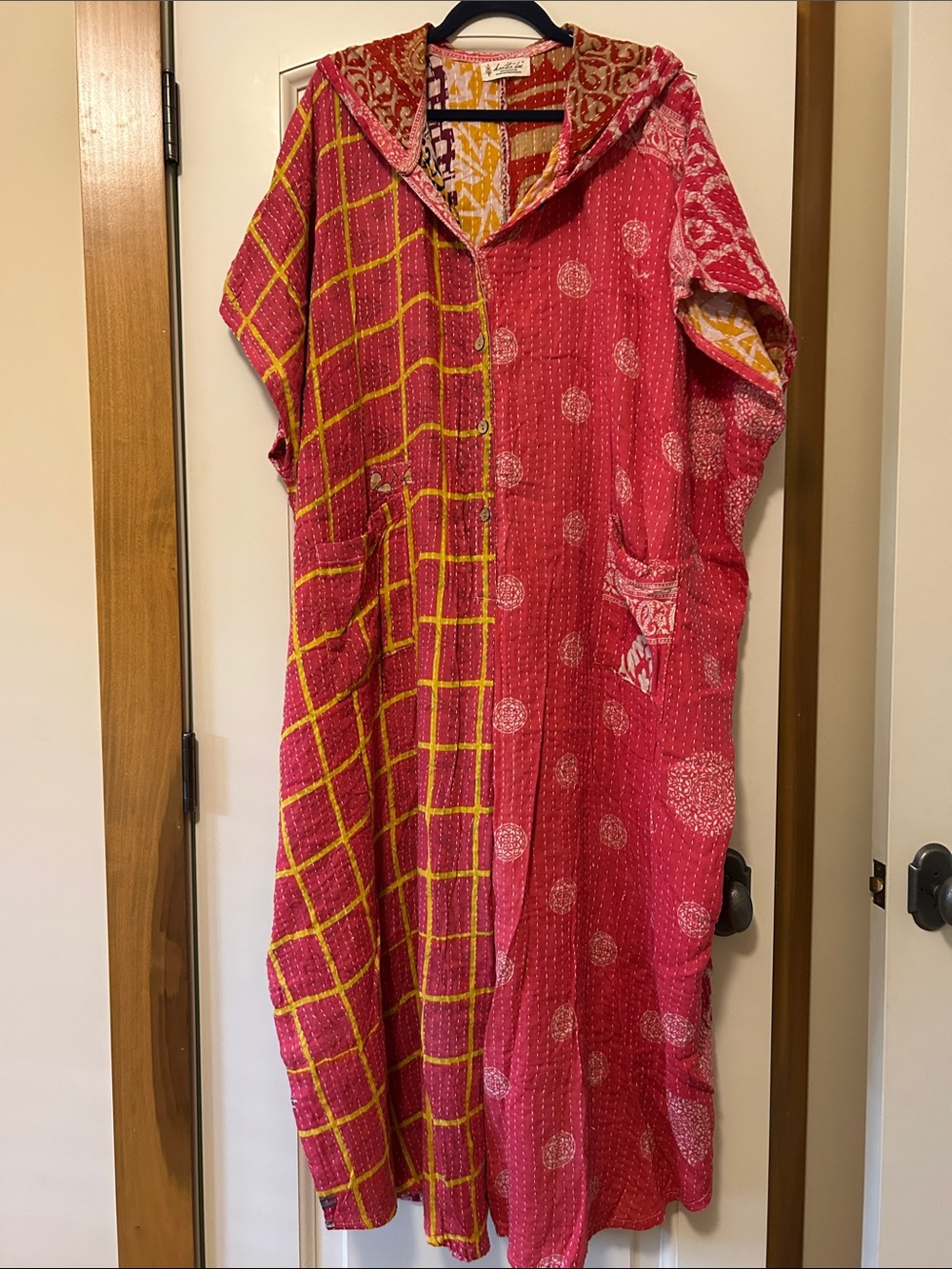 Kantha Bae Patchwork Hooded Romper in Bright Pink